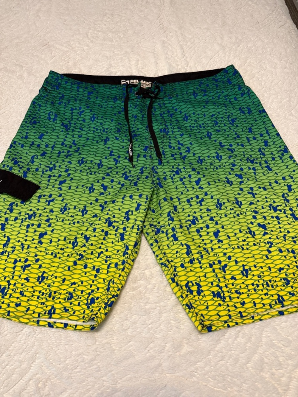 Pelagic Men’s Green to Yellow Ombre Swim Board Shorts with Blue Speckle